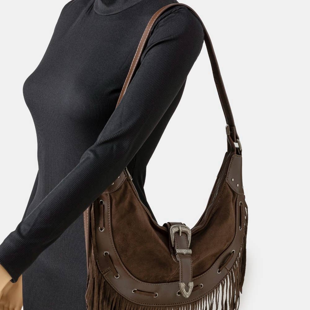 Collections by Fame Accessories - Wholesale Shoulder Bag - Women's - Leather Belt Decor Fringe Hobo Shoulder Bag3