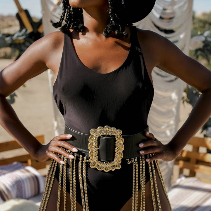 CLEO GOLD MULTI CHAIN BLACK LEATHER BELT for wholesale by BORN TO ROAM