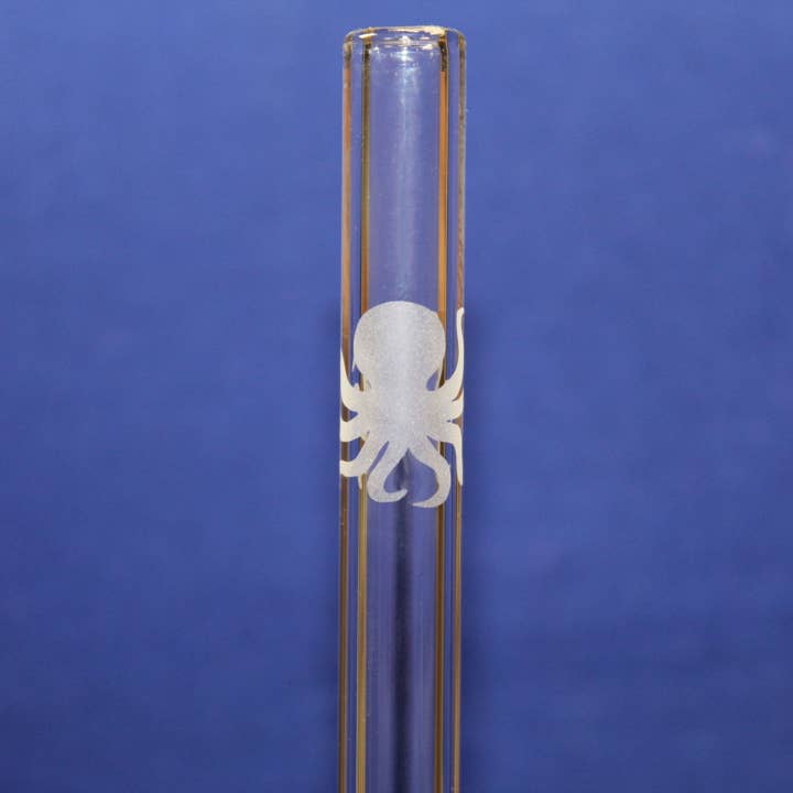 12 Inch Etched Octopus Glass Straw w/ cleaning brush for wholesale by DrinkingStraws.Glass LLC