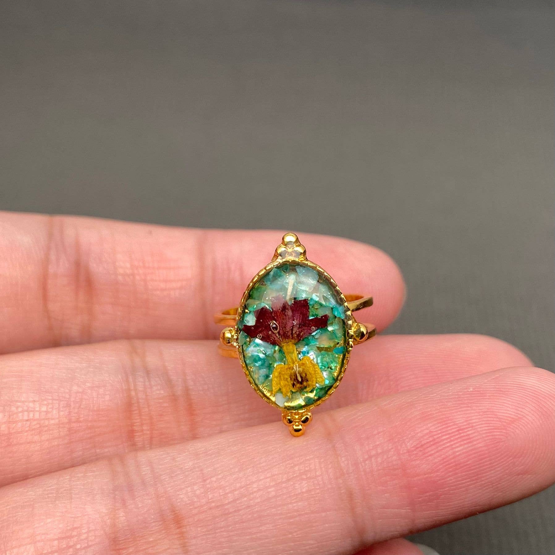 Mio Queena - Vente Bague de cocktail/de cérémonie - Bagues florales ajustables en fleurs séchées 18K dorées SS - PDF/FGS0