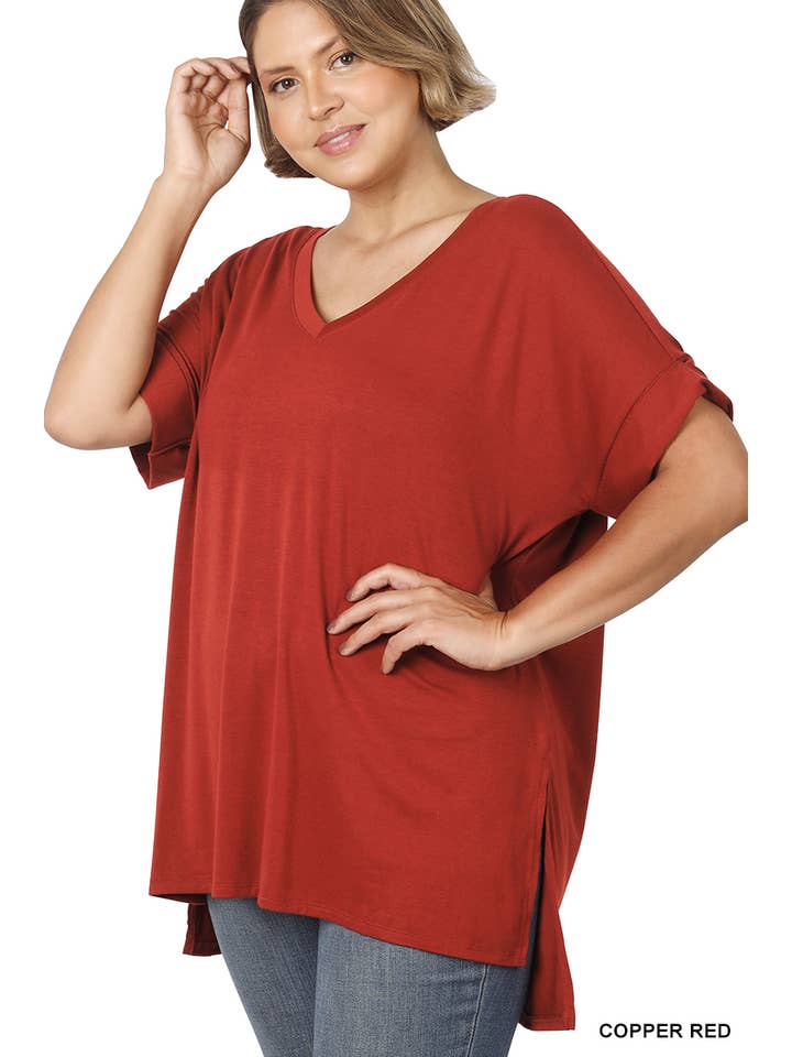 OLIVEMUSTARD `.Plus size V Neck Top w/ side-slit for wholesale on Faire28