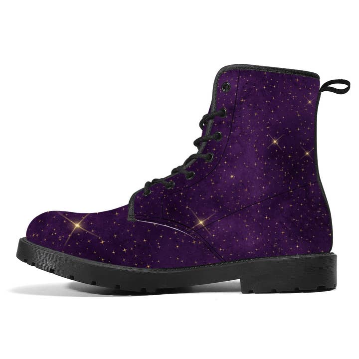 Raiana's Vibes - Wholesale Combat/Military Boots - Women's - Purple Galaxy Women's Boots, Vegan Leather, Chakra Boots, Handcrafted Boots, Combat Boots, Rave Outfit, Trippy Hippie, Galaxy Mens Boots