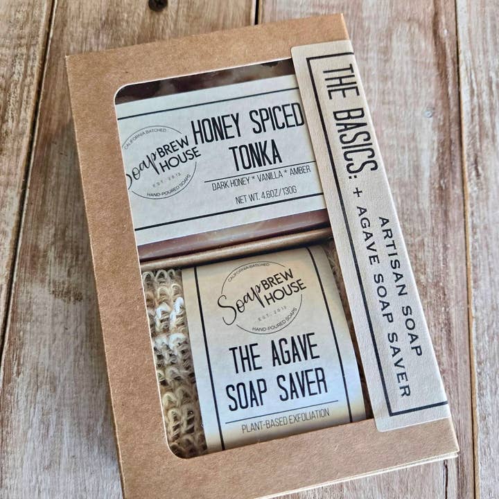 The Basics: Soap + Exfoliating Soap Saver Gift Box for wholesale by Soap Brewhouse