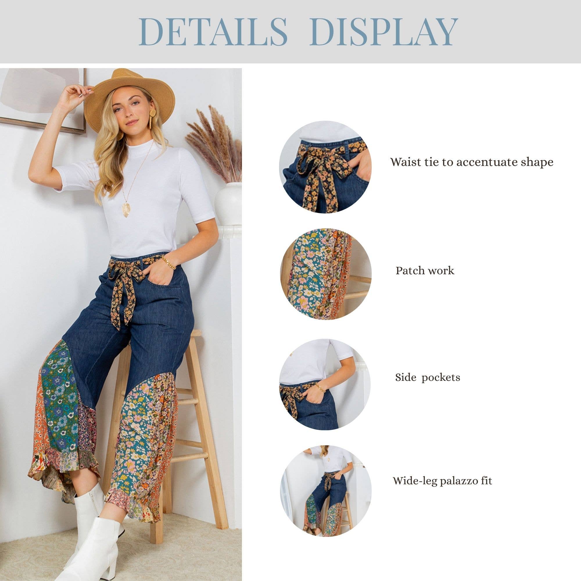 Young Threads - Vendita all'ingrosso Pantalone - Donna - Pantaloni a zampa di elefante in denim tinto a pezzi con patchwork stampato, stile boho11