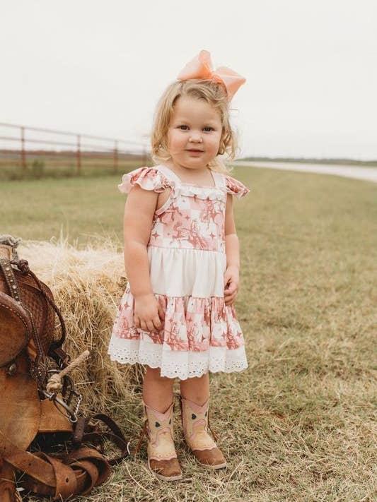 Vestido de Folhos com Cavalo aos Saltos em Xadrez, 0-5T por atacado de Shea Baby