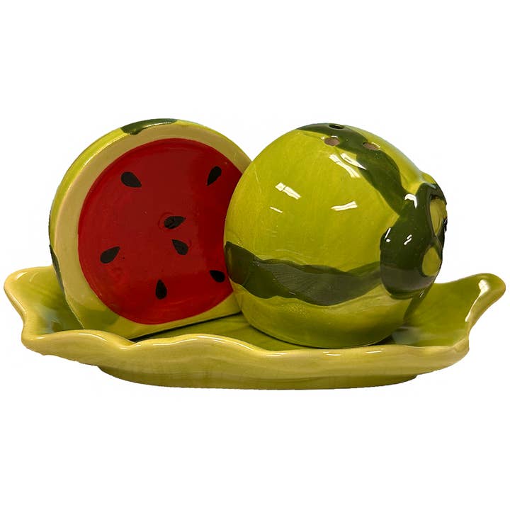 Watermelon Ceramic Salt and Pepper Shaker Farm Set with Tray for wholesale by Texas Toy Distribution