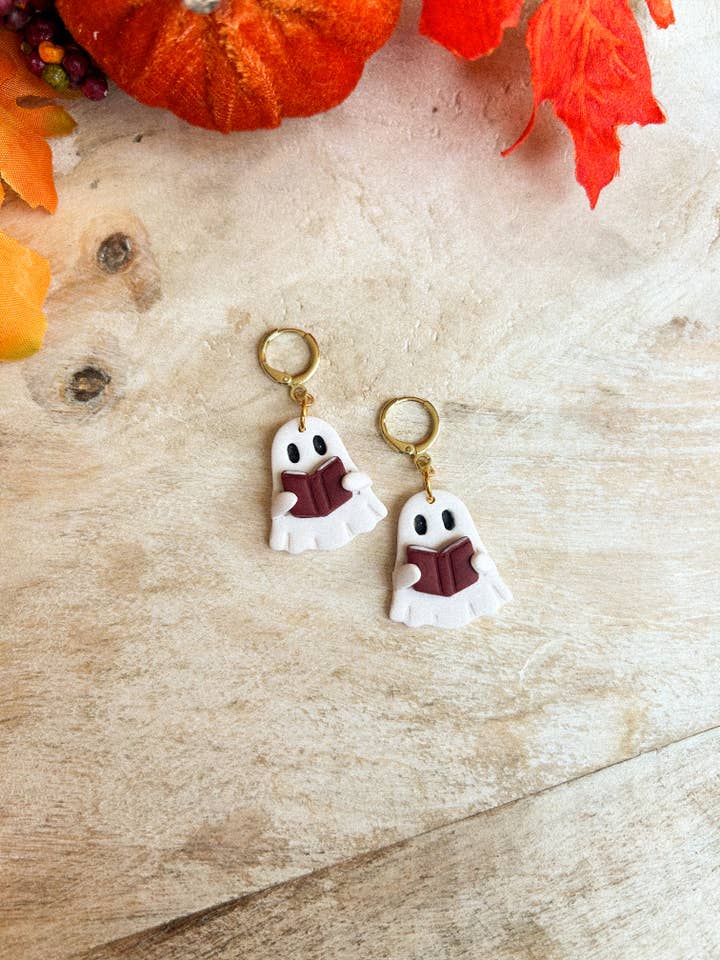 Bookish Ghost Huggies for wholesale by hunterclayco | Polymer Clay Earrings
