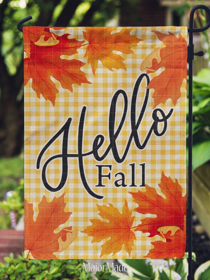 Bandiera da giardino, motivo Hello Fall Autumn, foglie per la vendita all'ingrosso da parte di MajorMade Design Co
