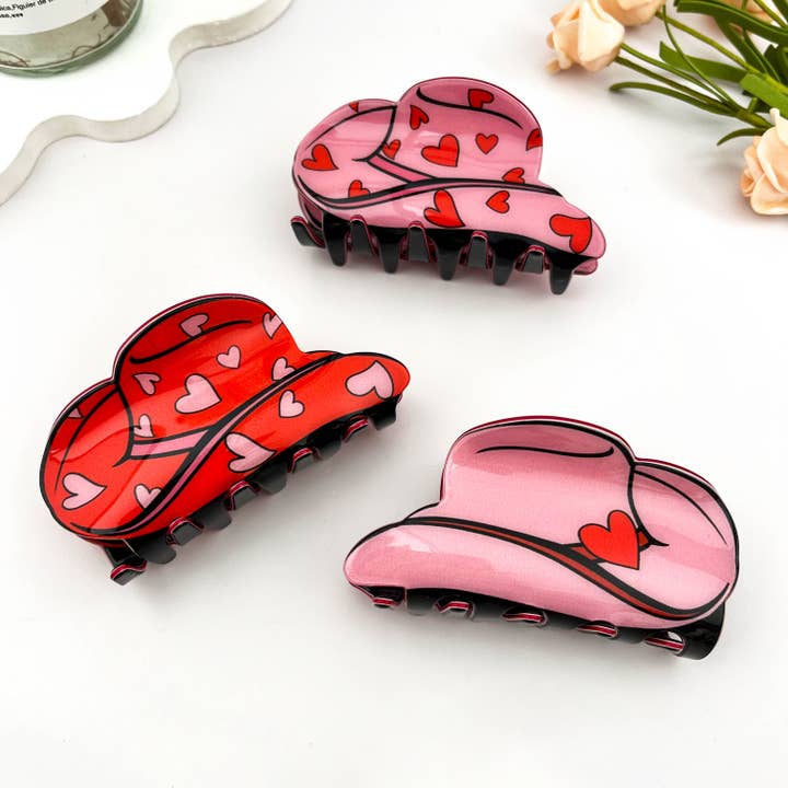 Heart Western Cowboy Hat Print Valentine Hair Claw for wholesale by mildstyles