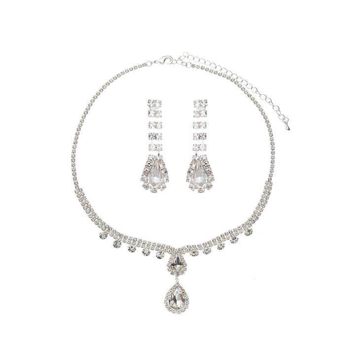 Silver Crystal Teardrop Necklace and Earrings Set for wholesale by Cool Crystals