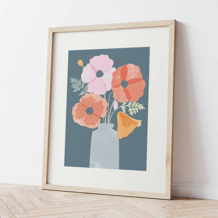 Poppies in Vase Art Print Dark for wholesale by Rachel Mahon Print