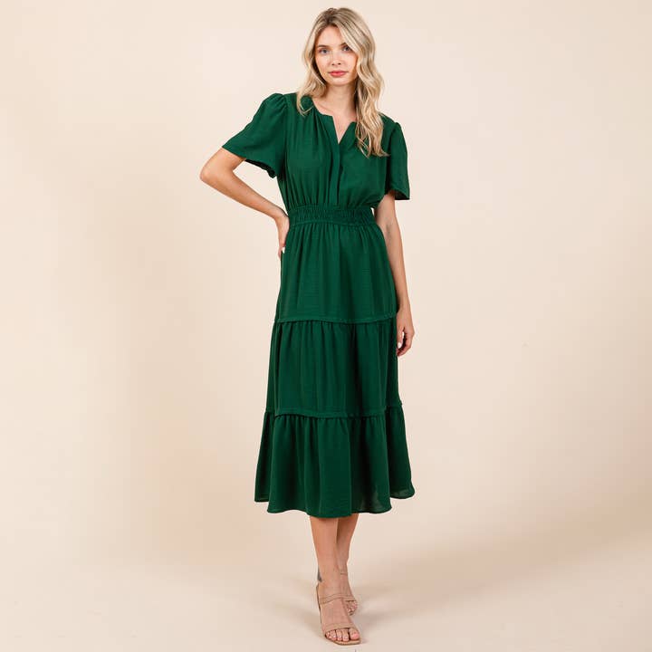 Robe midi à manches courtes et col en V superposé pour la vente par ROLYPOLY