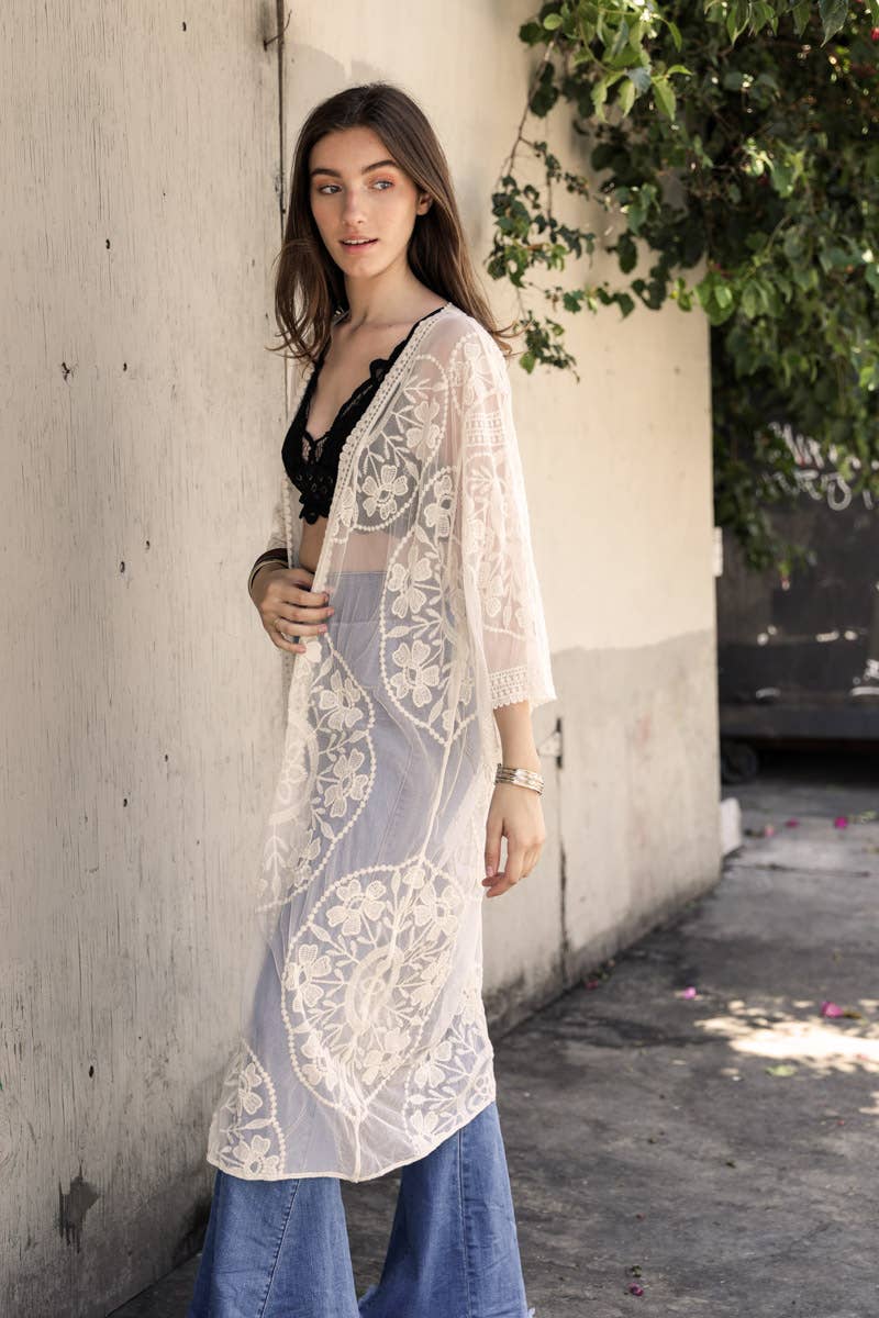 Leto Accessories - Wholesale Kimono - Women's - Contrast Mesh Cotton Lace Longline Kimono 🎀16