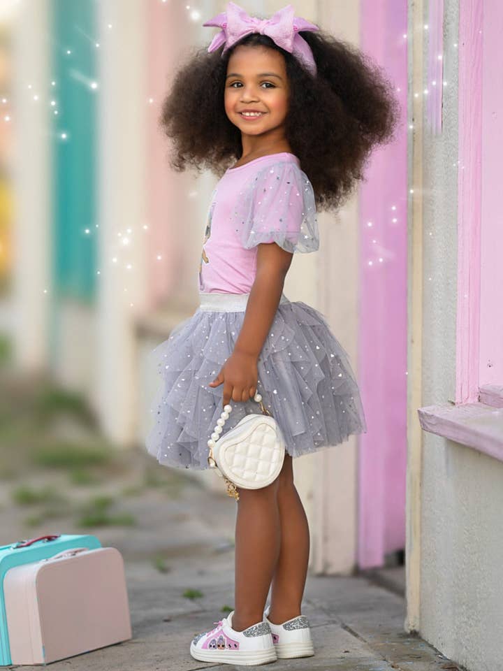 Pink L.O.L. SURPRISE! x Mia Belle Girls Kitty Queen Sparkle Tulle Skirt Set for wholesale on Faire