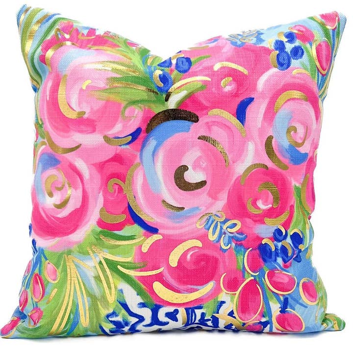 Cojín de Flores Chinoiserie de Joya en Papel de Oro para venta al por mayor de Rachel Brooks Design, LLC