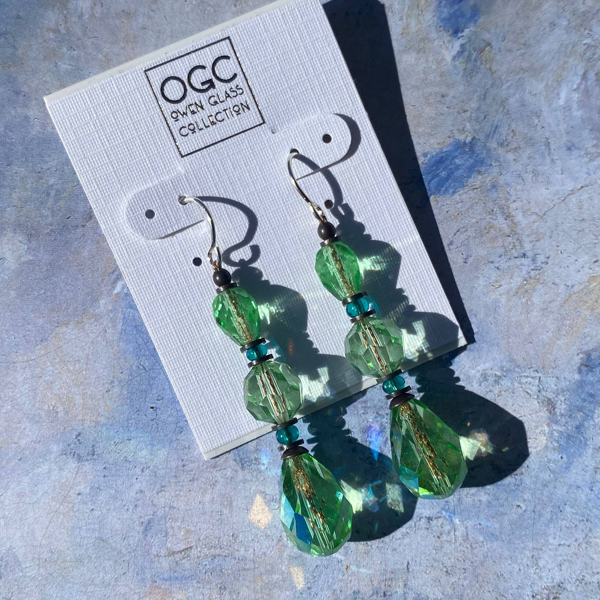 Owen Glass Collection - Wholesale Dangle Earrings - SPLASH 26 - PERIDOT CRYSTAL EARRINGS, CZECH GLASS, BRONZE0