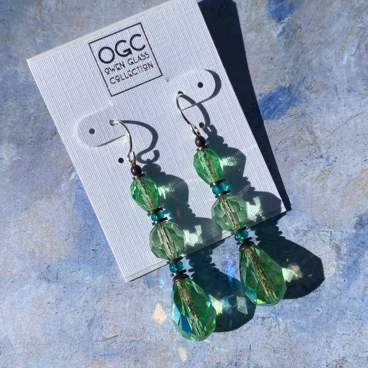 Owen Glass Collection - Wholesale Dangle Earrings - SPLASH 26 - PERIDOT CRYSTAL EARRINGS, CZECH GLASS, BRONZE