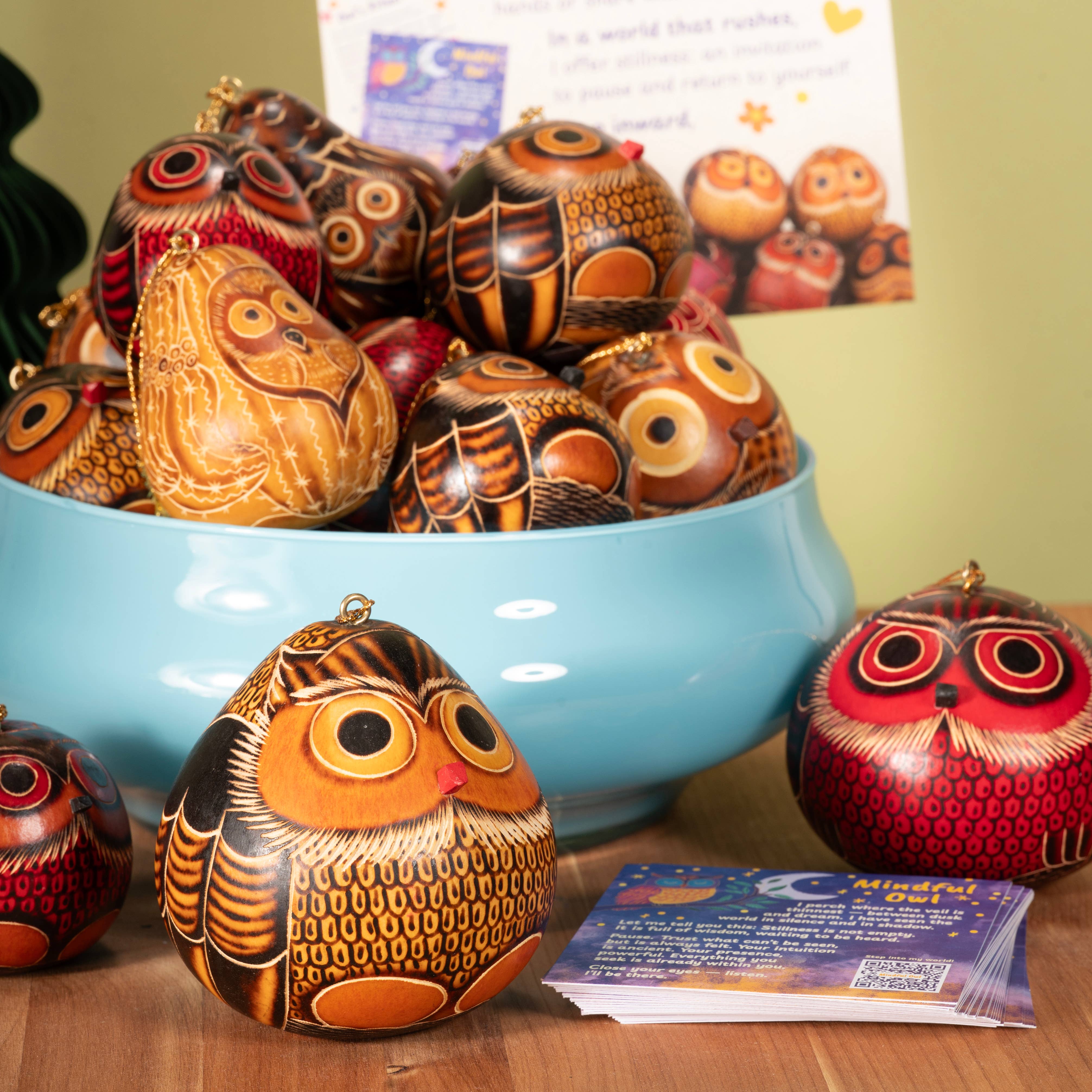 Lucuma Designs - Wholesale Ornament - Owls Mix - Gourd Ornament - Artist Made5