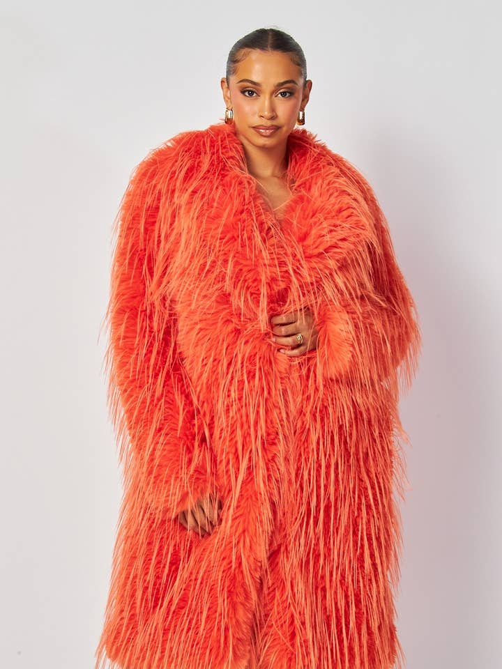 Orange Luna Shaggy Faux Fur Lapel Collar Coat (HDJ30779) for wholesale on Faire