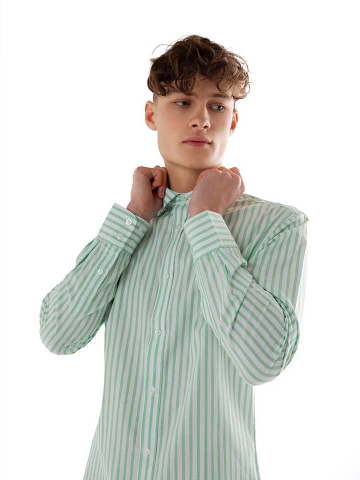 Mens Long Sleeve Shirts Slim-Fit Striped Top - White & Green for wholesale by Bakaruda