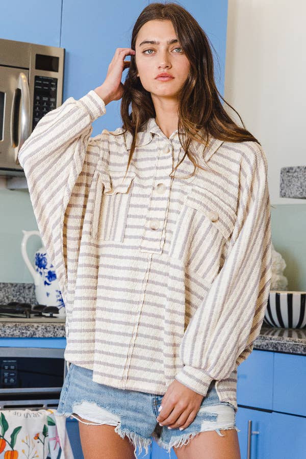 BUCKETLIST INC – wholesale Sweatshirt – Women's – T1578-5  Collared Oversized Button Up Stripe Pullover Top21