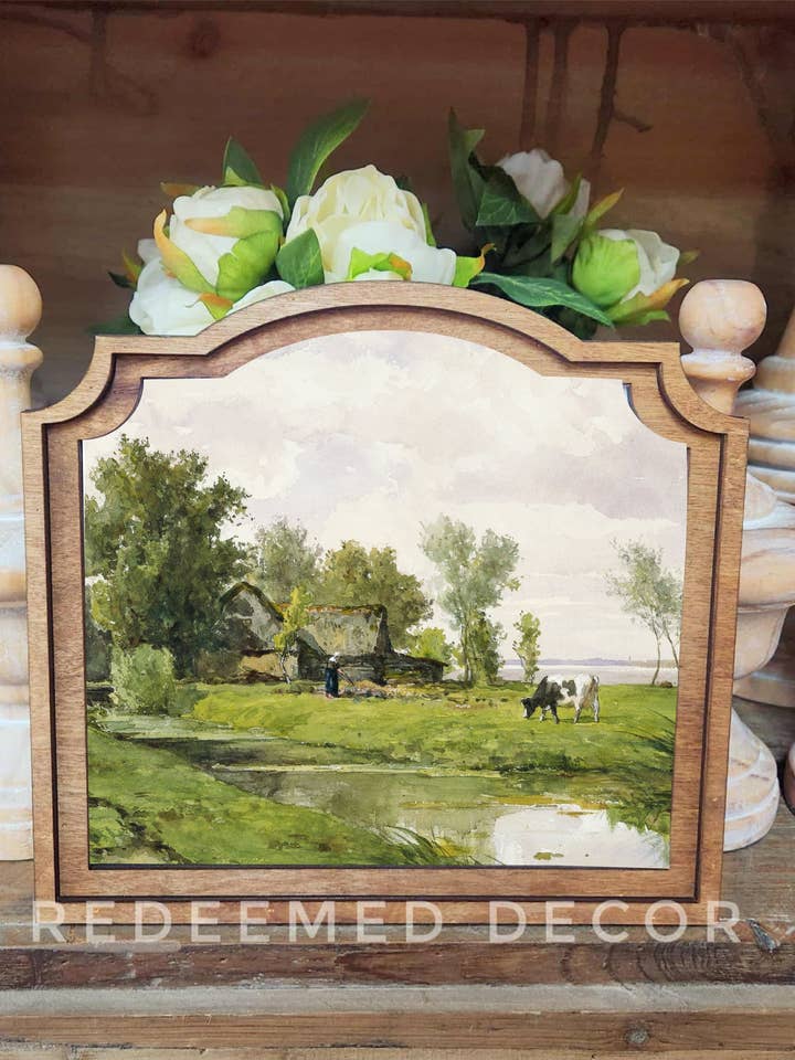 Art encadré de ferme provinciale au bord du ruisseau pour la vente par Redeemed Decor