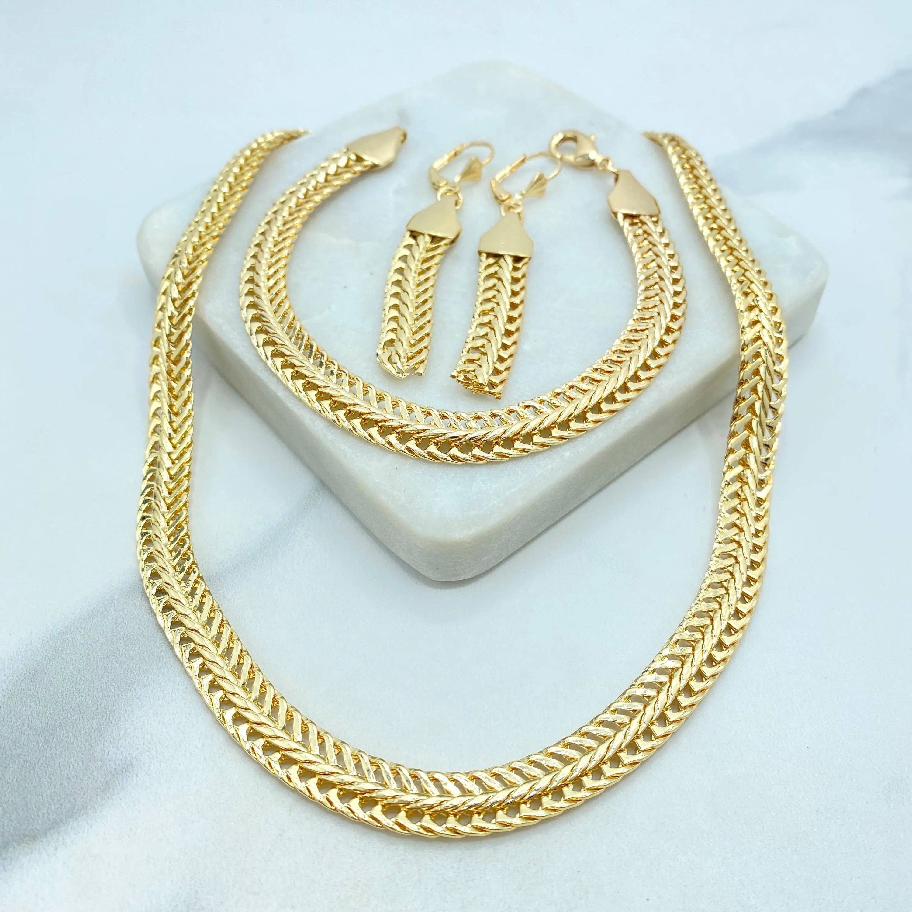 Luxus Accessories - Wholesale Jewelry Set - 18k Gold Filled Herringbone Chain Jewelry Set, Necklace Bracelet and Earrings, Flat Polished Gold Design0