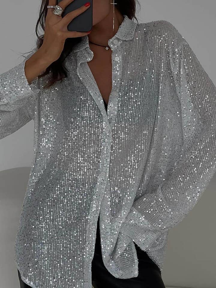 Camisa com Botões e Lantejoulas Brilhantes por atacado de Soli Echo