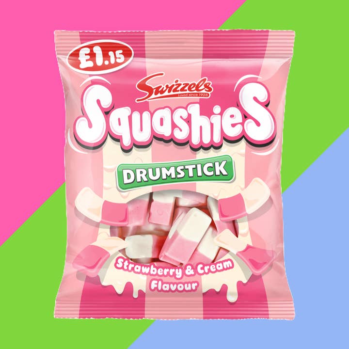 Swizzels Squashies Drumstick aardbei-room smaak zak 12 x 120 g £1,15 PMP voor wholesale door Gaffney's Sweets & Treats Wholesale