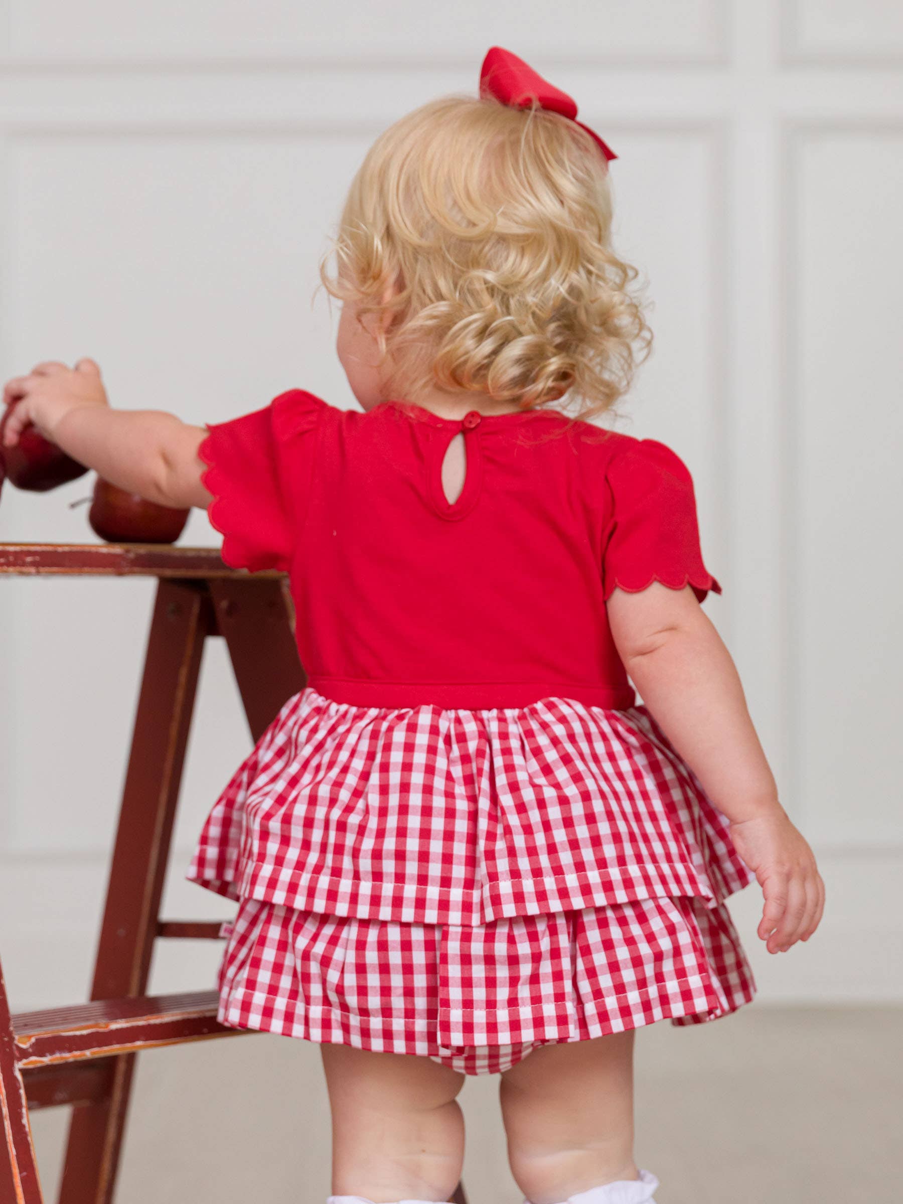 Baby Girls Classic Red Gingham Short Sleeve Skirted Romper for wholesale on Faire5