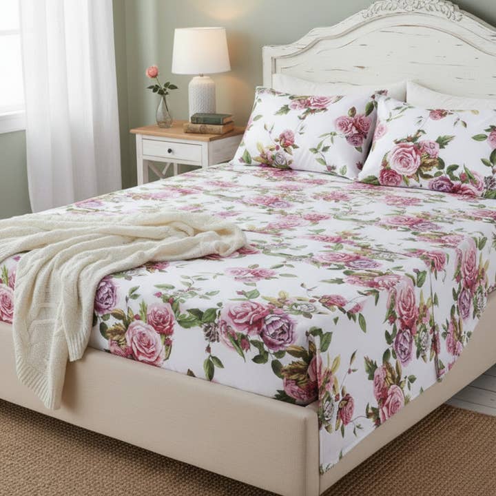 DaDa Bedding Romantic Roses Lovely Spring Pink Floral Garden Fitted & Flat Bed Sheet Set w/ Pillow Cases (JHW879) for wholesale by DaDalogy Bedding