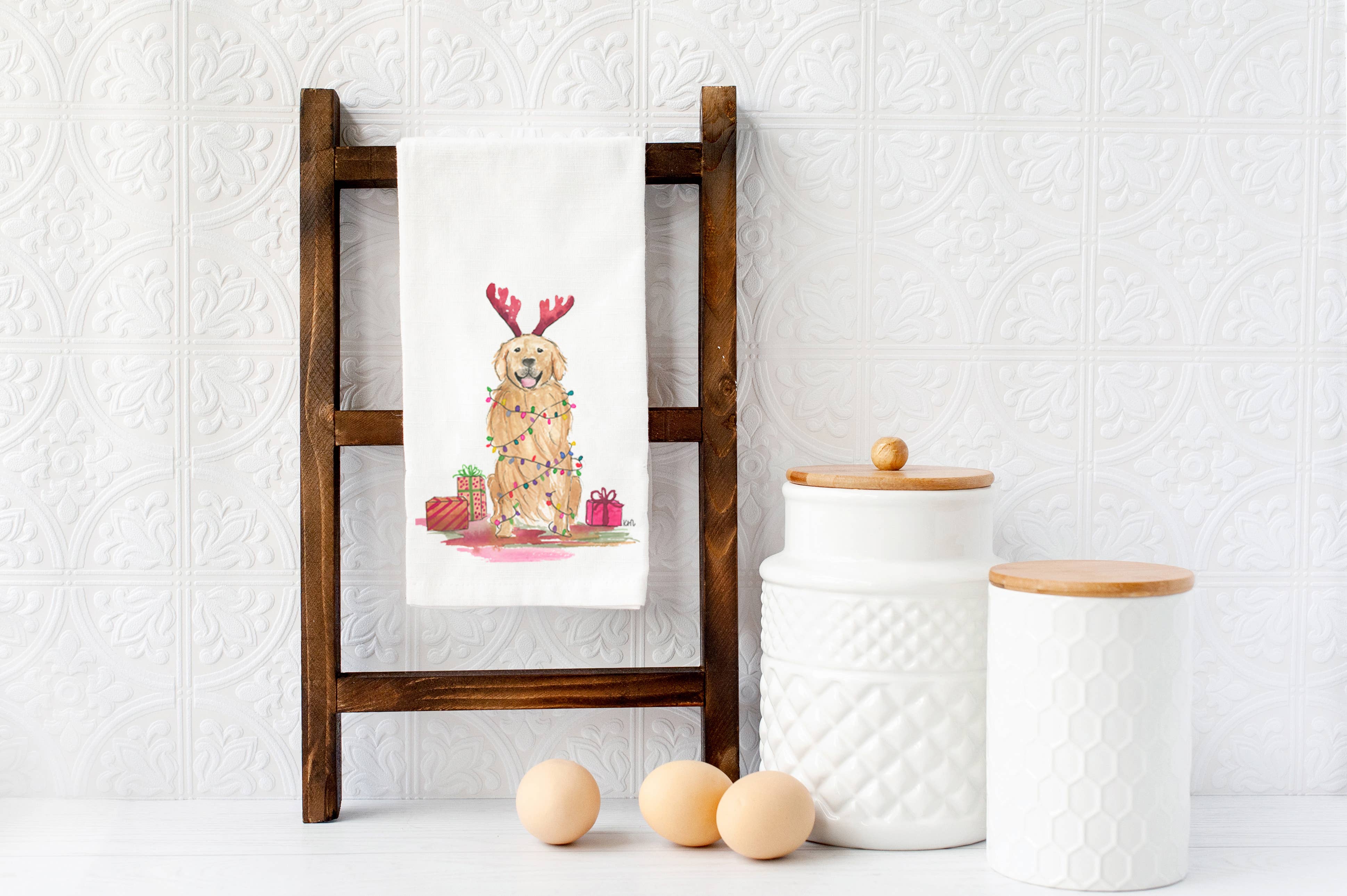 KelseyMDesigns - Wholesale Tea towel - Christmas Golden Retriever Dogs - Holiday Tea Towel2