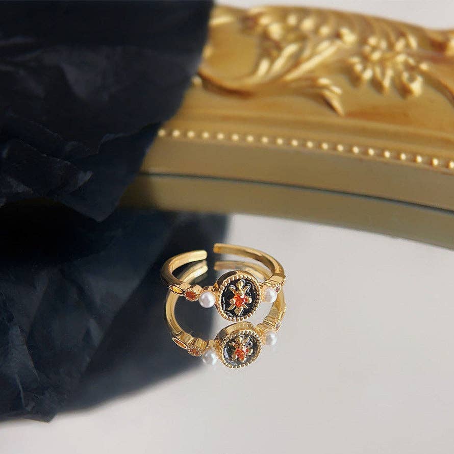 Revelari - Wholesale Multi-Stone Ring - Vintage Enamel Flower Gold Ring with Pearl Accents0