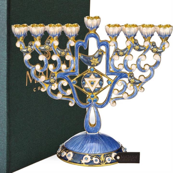 Matashi - Venta al por mayor Menorás - Candelabro esmaltado pintado a mano Menorah Matashi con Hamsa