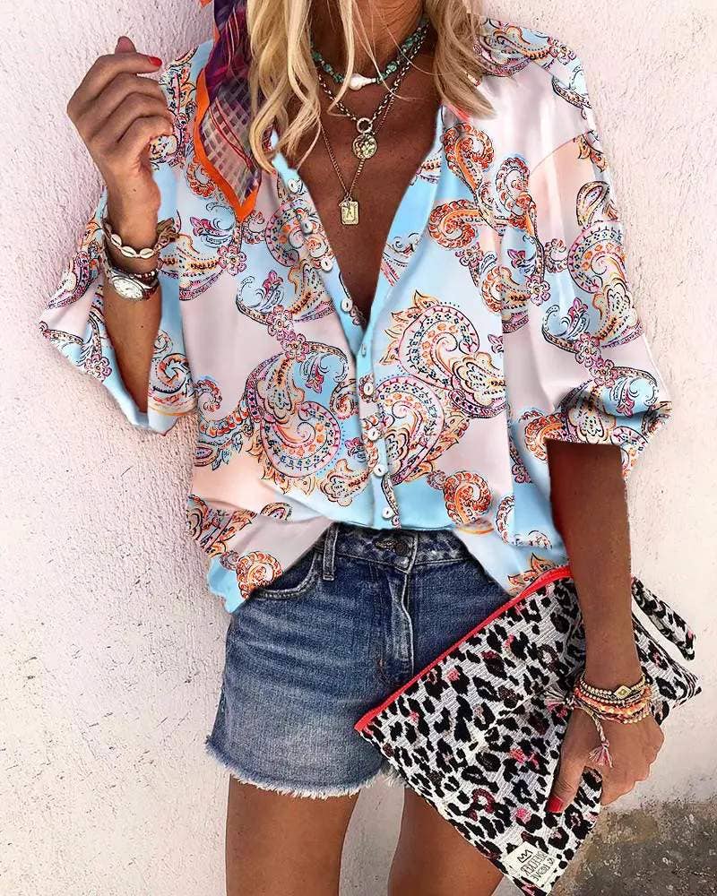 MULTICOLOR baroque print lantern sleeve button down shirt for wholesale on Faire1