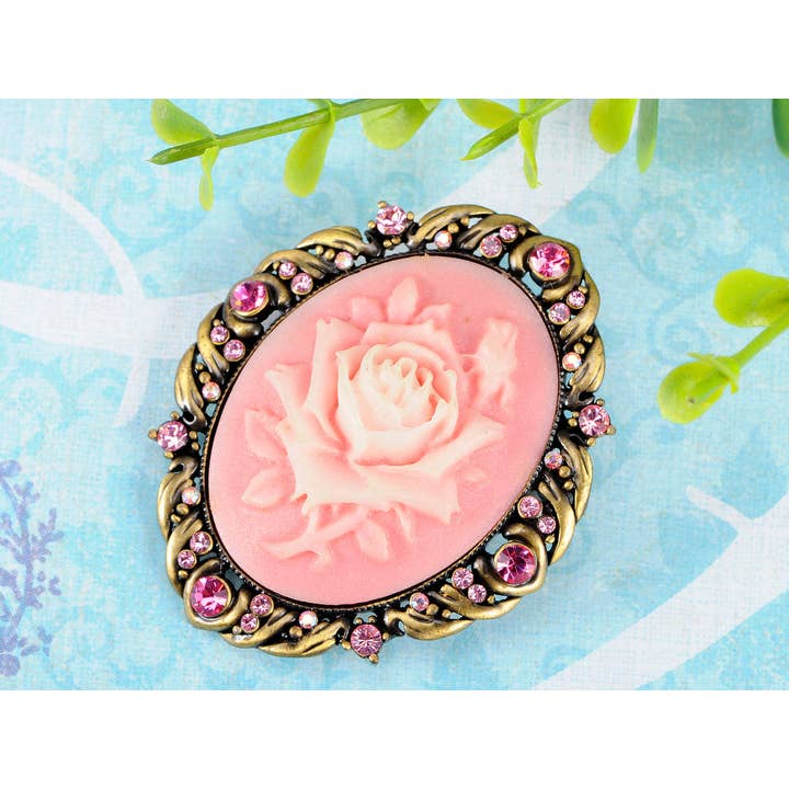 AK Brand - Wholesale Brooch - Vintage Antique Reproduct Rose Pink Flower Cameo Pin Brooch1