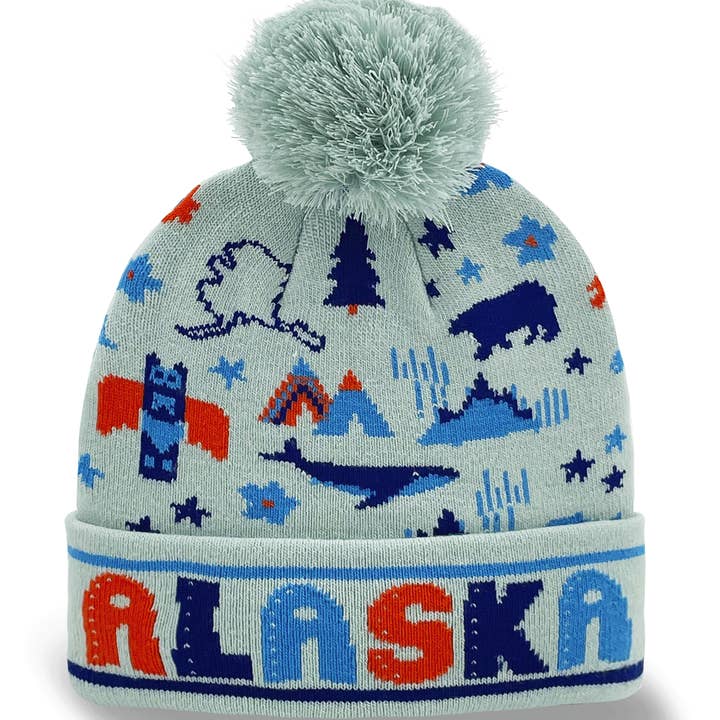 Alaska Knit Beanie with Bear, Whale, Mountains & State Icons for wholesale by Northern Icons Creations INC