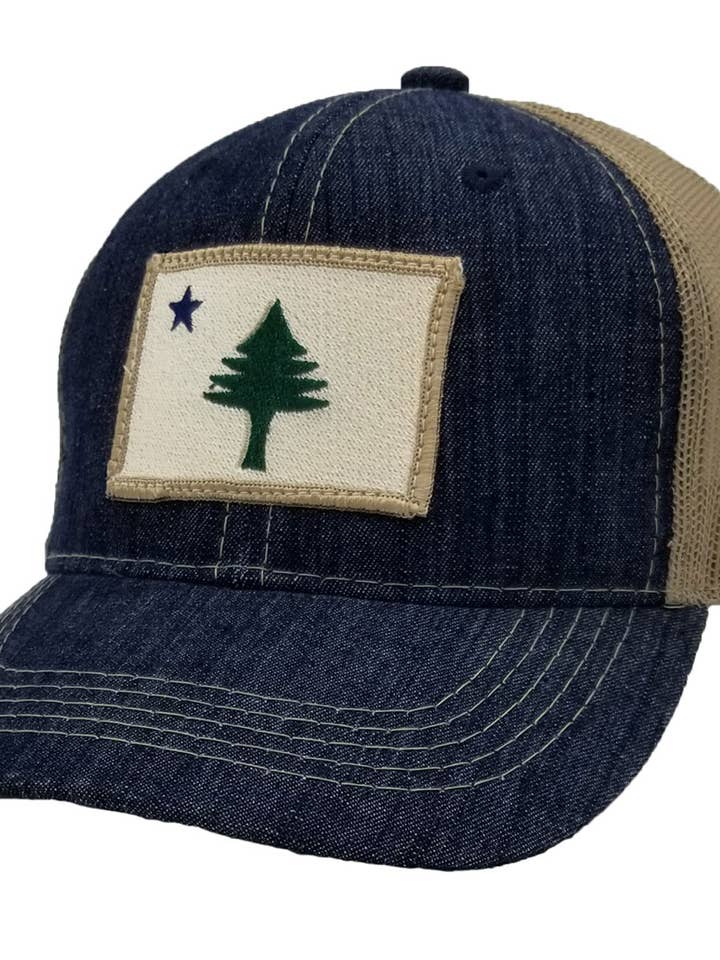 Maine Flag Trucker Hat-Denim for wholesale by Rogue Life Maine