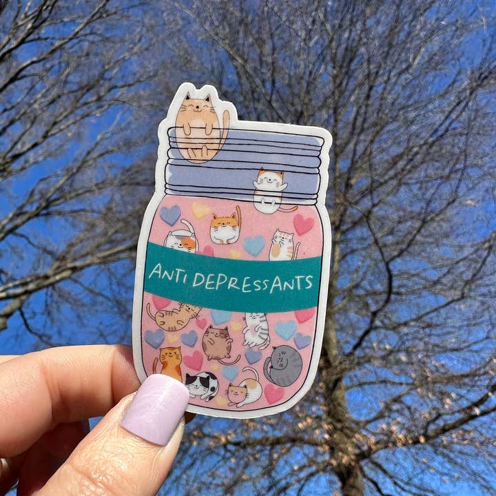Peach Tree Design Shop – wholesale Klistermärke – Söt katt och hund älskare antidepressiva mental hälsa klistermärke