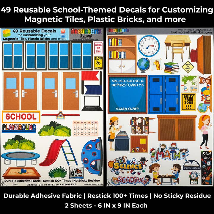 École : Autocollants réutilisables pour personnaliser des tuiles magnétiques, des briques en plastique, et plus encore pour la vente par RestickBrix