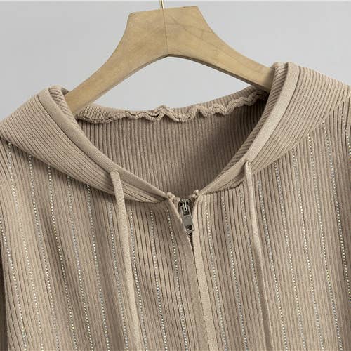 HIDDENBRAND - Wholesale Top & Skirt Set - Women's - hotfix rhinestone zip up knit hoodie jacket & midi skirt set7