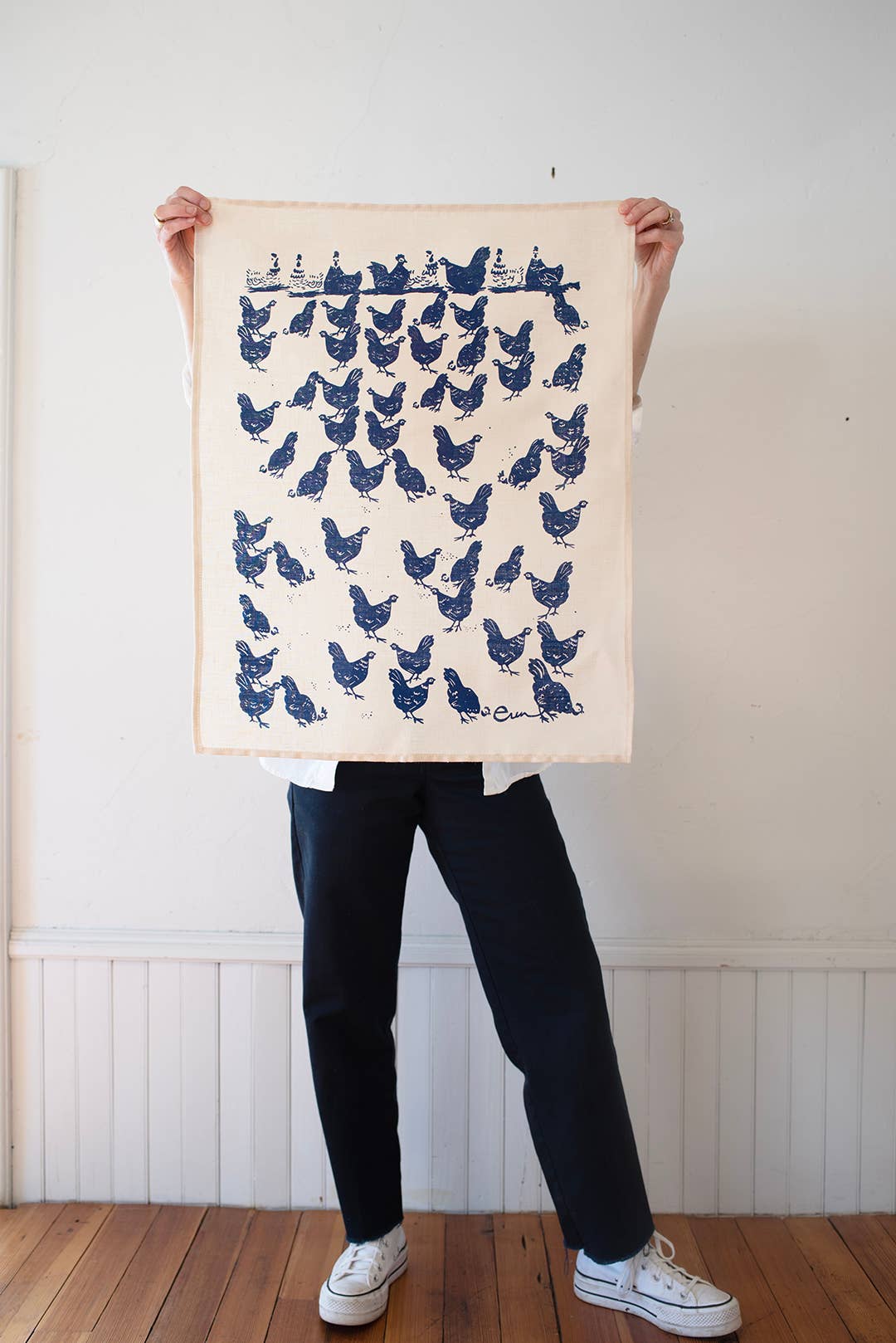 Navy Hen House Tea Towel for wholesale on Faire