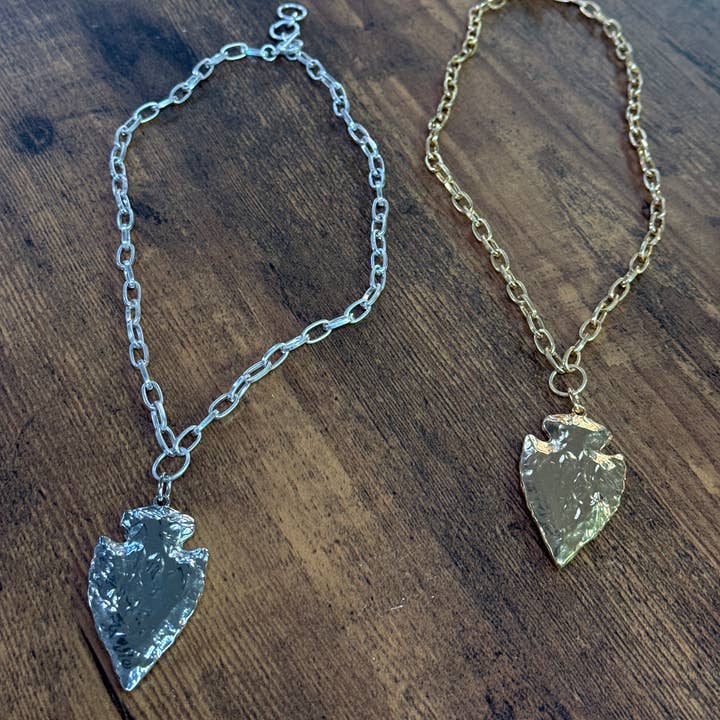 Big Chunky Arrowhead Pendant Necklace Silver OR Gold for wholesale by Paco Designs