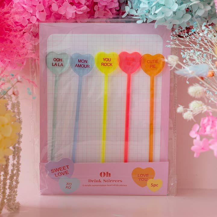 Conversation Heart Drink Stirrers 5pk for wholesale by Oh It's Perfect