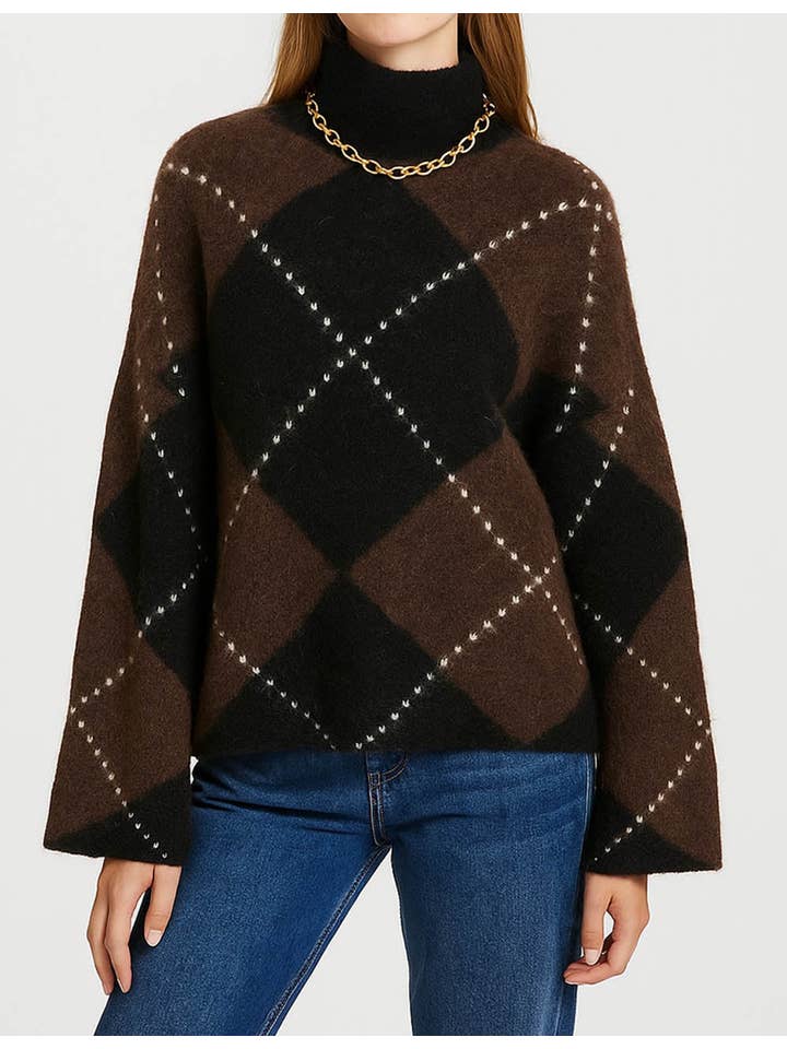 Coffee Ladies Geometric Pattern Mock Collar Long Sleeves Sweater for wholesale on Faire