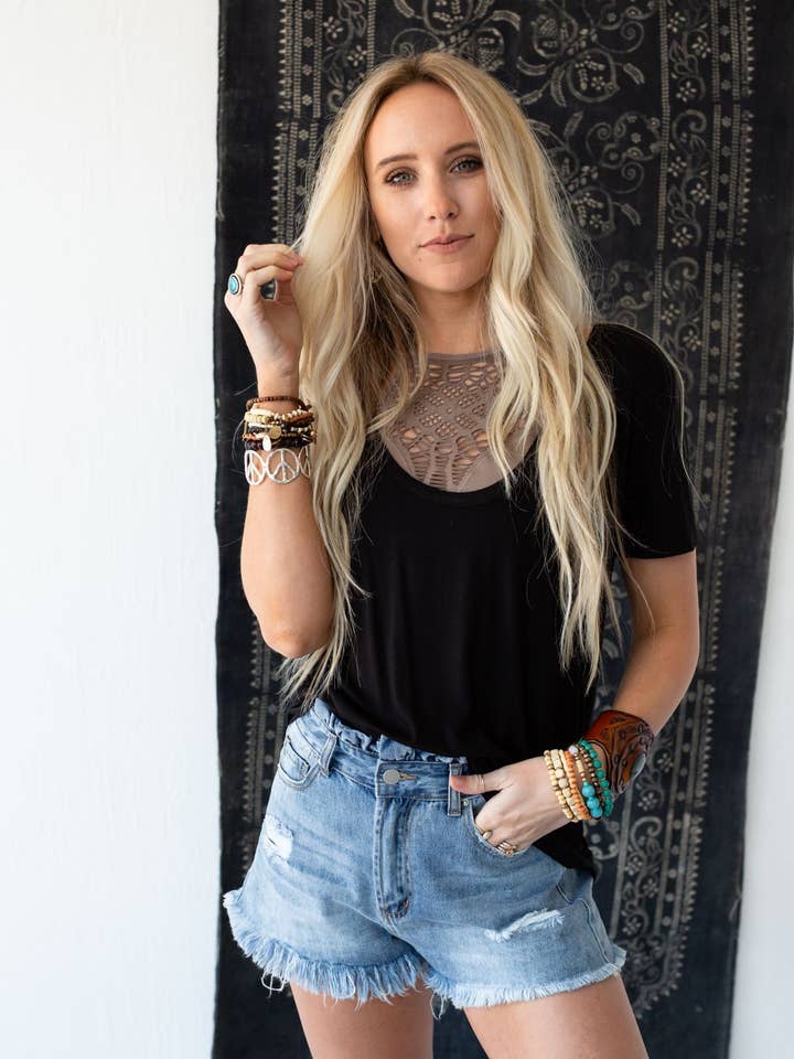 Scoop Neck Bralette Tee - Black for wholesale by Three Bird Nest