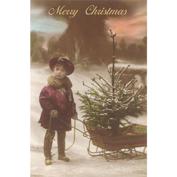 Found Image Press – wholesale Vykort – Vykort MC-609 Liten pojke med julgran på kälke