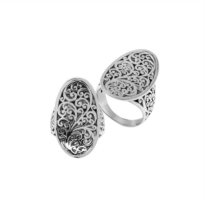 AR-1185-S Sterling Silver Oval Filigree Statement Ring – Balinese Scrollwork Design for wholesale by Bali Designs