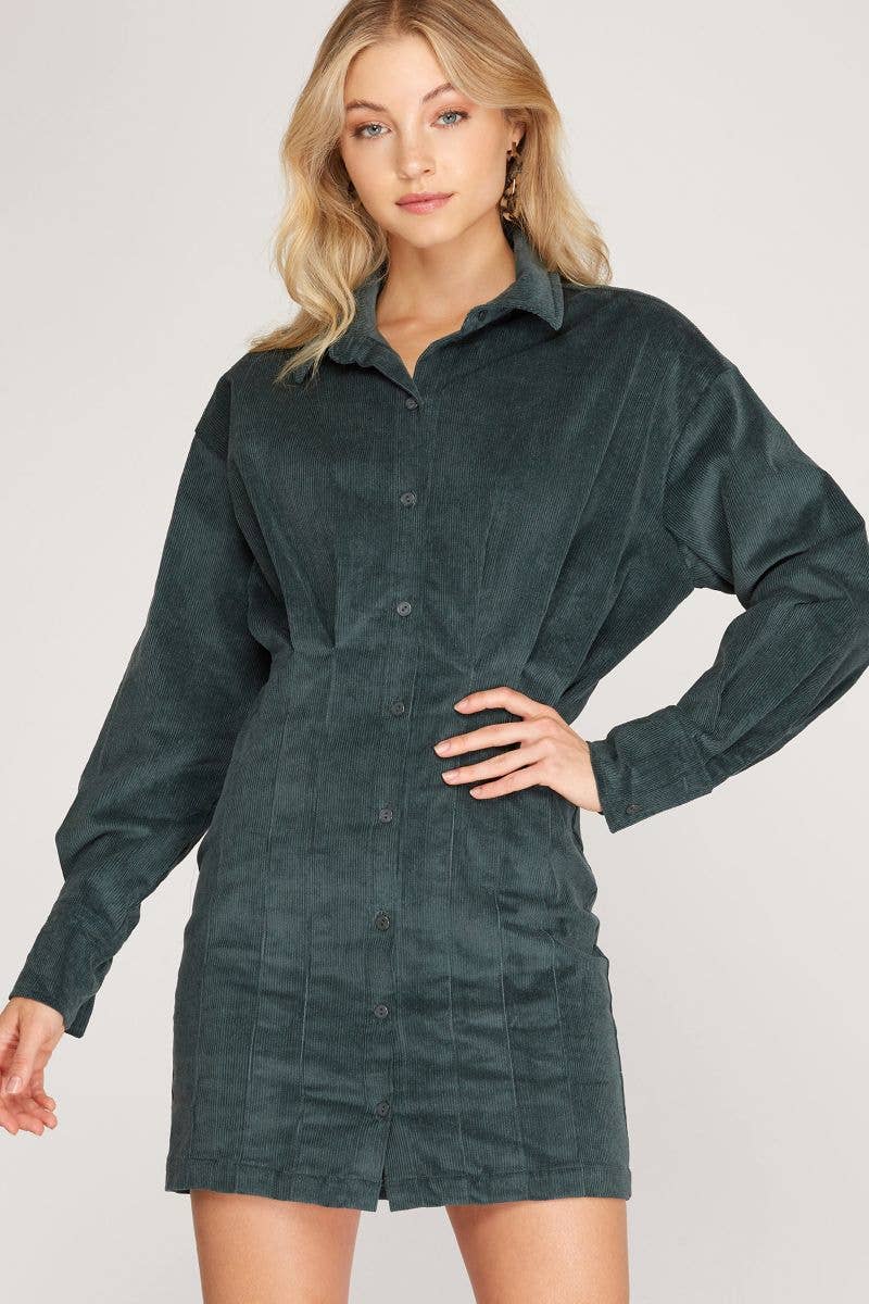 SALAMANDER LONG SLEEVE CORDUROY TUCKED MINI DRESS SKSS8191 for wholesale on Faire0