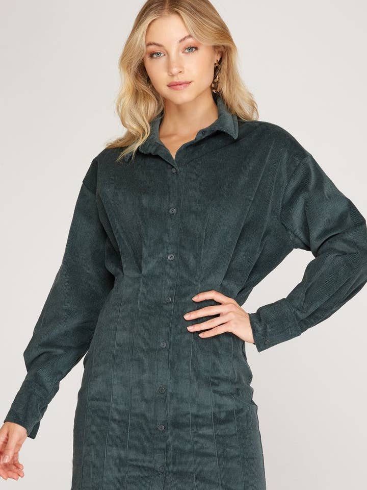 SALAMANDER LONG SLEEVE CORDUROY TUCKED MINI DRESS SKSS8191 for wholesale on Faire0